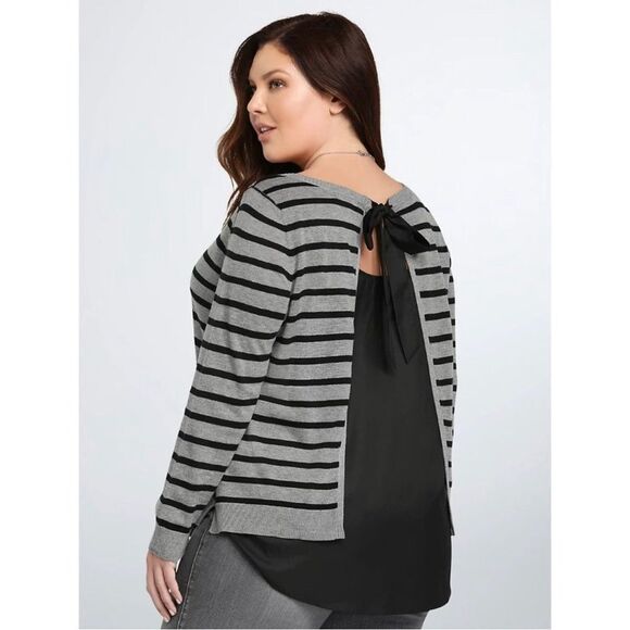 TORRID Women's Plus Size Tie Back Flyaway Mixed Media Layered Sweater Jumper - Picture 3 of 7